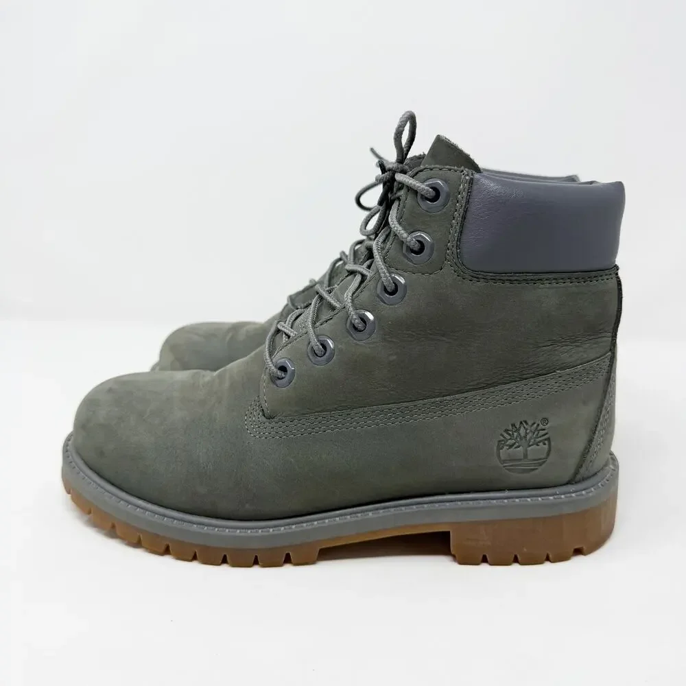 Timberland Gray Nubuck Leather 6 Inch Classic Boots Big Girls Size 4 EUC Lace Up